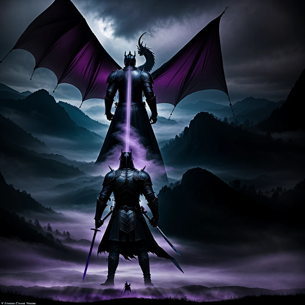 the dark silhouette of a knight with his back to him carrying a sword like a shadow, standing in front of a giant creature with black scales and beautiful purple eyes, the creature resembles a dragon, which surrounds him in a beautiful violet mist, like a movie from the 1970s.
