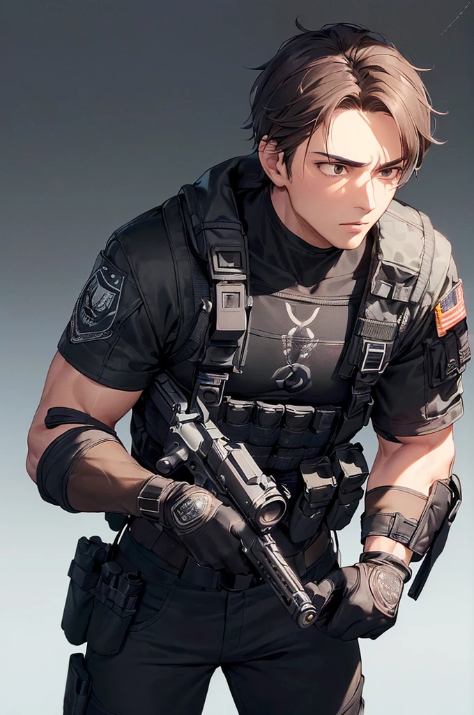 (((masterpiece; best quality: 1.2))), (finely detailed eyes: 1.3), (25 year old man), (solo), (black eyes: 1.4), (body; muscular, fit, masculine: 1.3), (short brown hair: 1.3), (beautiful and clear background: 1.2), ((depth of field)), (equipment: spec ops full black tactical combat-ready gear + black gloves + black baseball cap + pouches: 1.3), (anime illustration: 1.2), (background composition; military base office: 1.1), (extremely fine and handsome: 1.1), (shot composition; standing + centered on torso + close-up: 1.5), (expression; calm, stoic: 1.2)