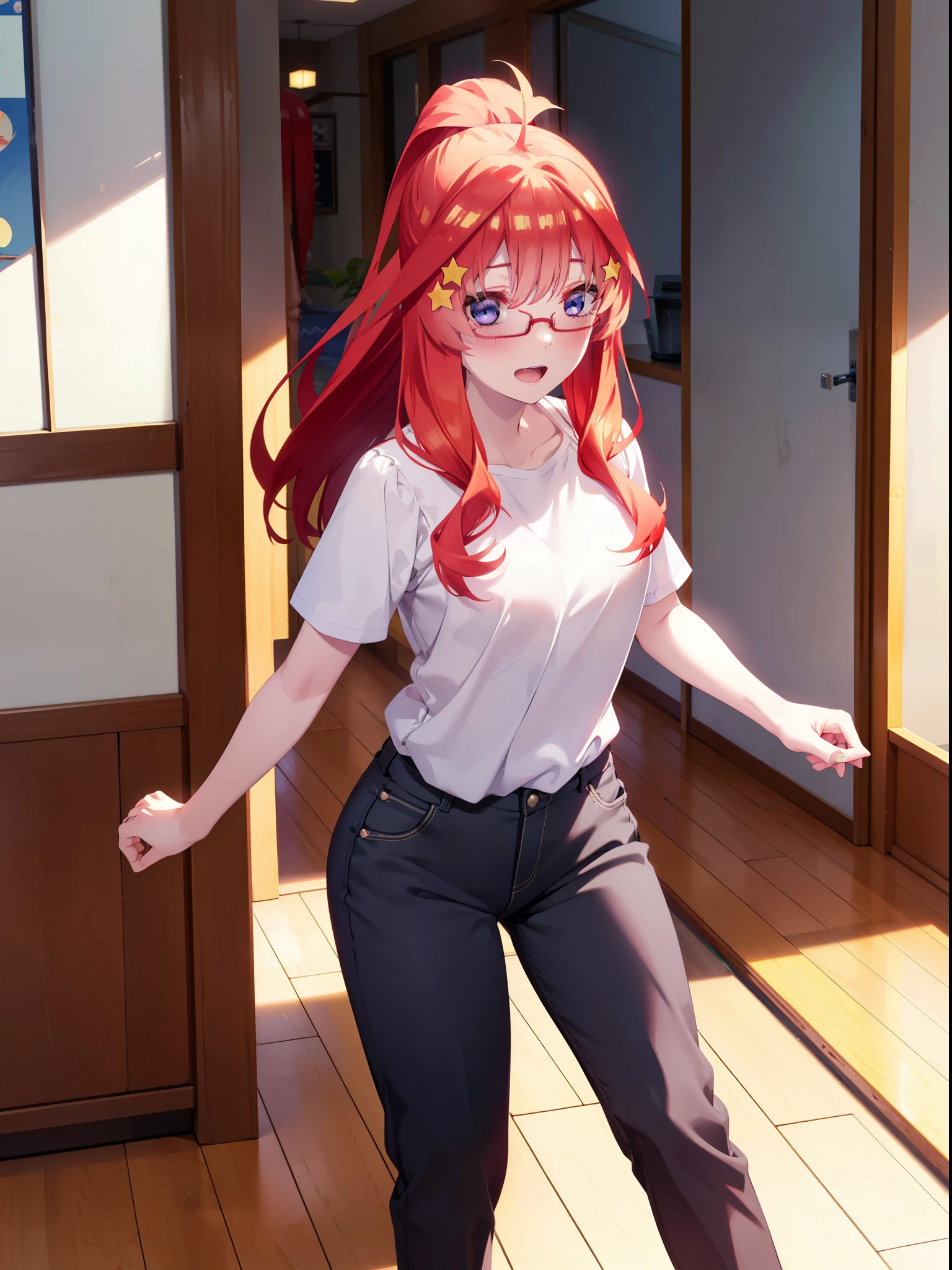 itsukinakano, itsuki nakano, bangs, blue eyes, Hair between the eyes, Ahoge, Redhead, star \(symbol\), hair ornaments, star hair ornaments,smile,blush,Open your mouth,ponytail,Red-rimmed glasses,Cold Shoulder Shirt,Short sleeve,skinny pants,Stiletto heels,Walking,whole bodyがイラストに入るように,
break indoors, School,廊下
break looking at viewer, whole body,
break (masterpiece:1.2), Highest quality, High resolution, unity 8k wallpaper, (figure:0.8), (Beautiful attention to detail:1.6), Highly detailed face, Perfect lighting, Highly detailed CG, (Perfect hands, Perfect Anatomy),