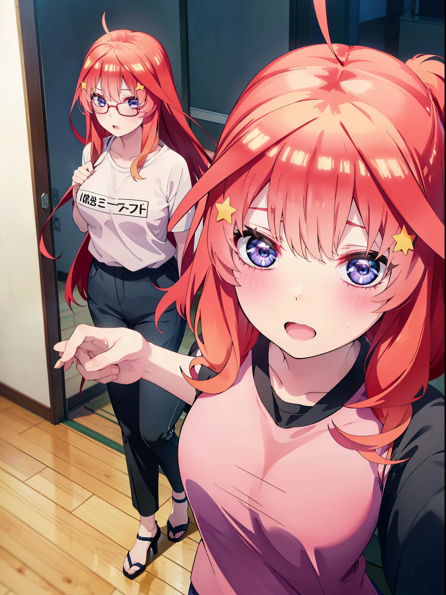 itsukinakano, itsuki nakano, bangs, blue eyes, Hair between the eyes, Ahoge, Redhead, star \(symbol\), hair ornaments, star hair ornaments,smile,blush,Open your mouth,ponytail,Red-rimmed glasses,Cold Shoulder Shirt,Short sleeve,skinny pants,Stiletto heels,Walking,whole bodyがイラストに入るように,
break indoors, School,廊下
break looking at viewer, whole body,
break (masterpiece:1.2), Highest quality, High resolution, unity 8k wallpaper, (figure:0.8), (Beautiful attention to detail:1.6), Highly detailed face, Perfect lighting, Highly detailed CG, (Perfect hands, Perfect Anatomy),