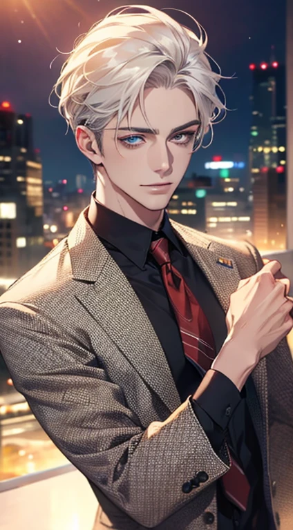 (Highest quality,4K,8K,High resolution,masterpiece:1.2),Super detailed,(Realistic,photoRealistic,photo-Realistic:1.37),1 person,31 years old,Mature Men,Beautiful skin、very handsome,Expressionless,smile,Short white hair,blue eyes,Sharp Eyes,A perfect face without a doubt,Businessman,Office Background,Cinema Lighting,HDR image,tie、