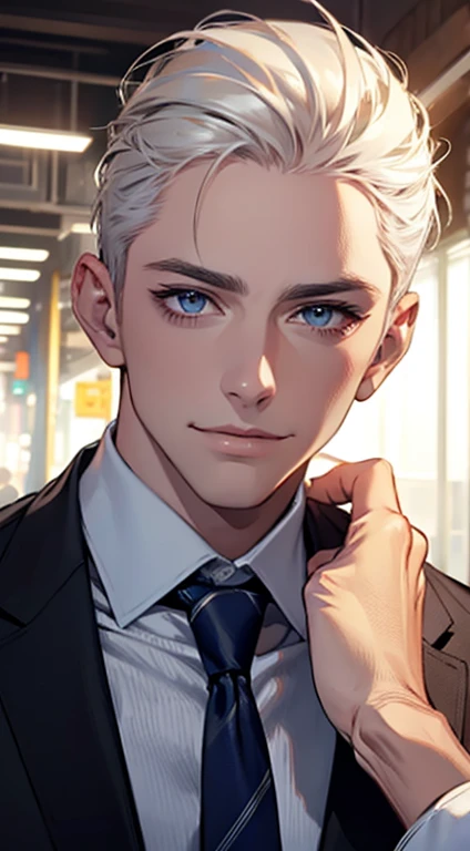 (Highest quality,4K,8K,High resolution,masterpiece:1.2),Super detailed,(Realistic,photoRealistic,photo-Realistic:1.37),1 person,31 years old,Mature Men,Beautiful skin、very handsome,Expressionless,smile,Short white hair,blue eyes,Sharp Eyes,A perfect face without a doubt,Businessman,Office Background,Cinema Lighting,HDR image,tie、