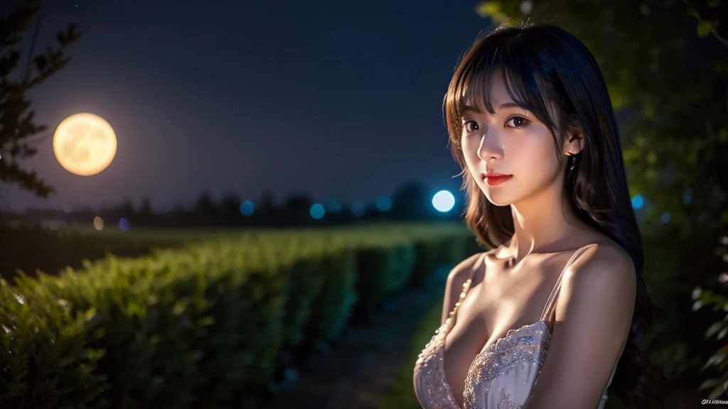 A very beautiful moonlit night、A woman with a very cute face like an idol、Cleavage、High quality images that are indistinguishable from real life images、Artistic、masterpiece