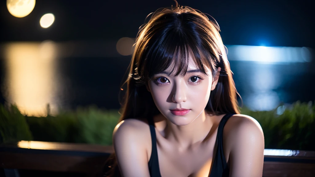 A very beautiful moonlit night、A woman with a very cute face like an idol、Cleavage、High quality images that are indistinguishable from real life images、Artistic、masterpiece