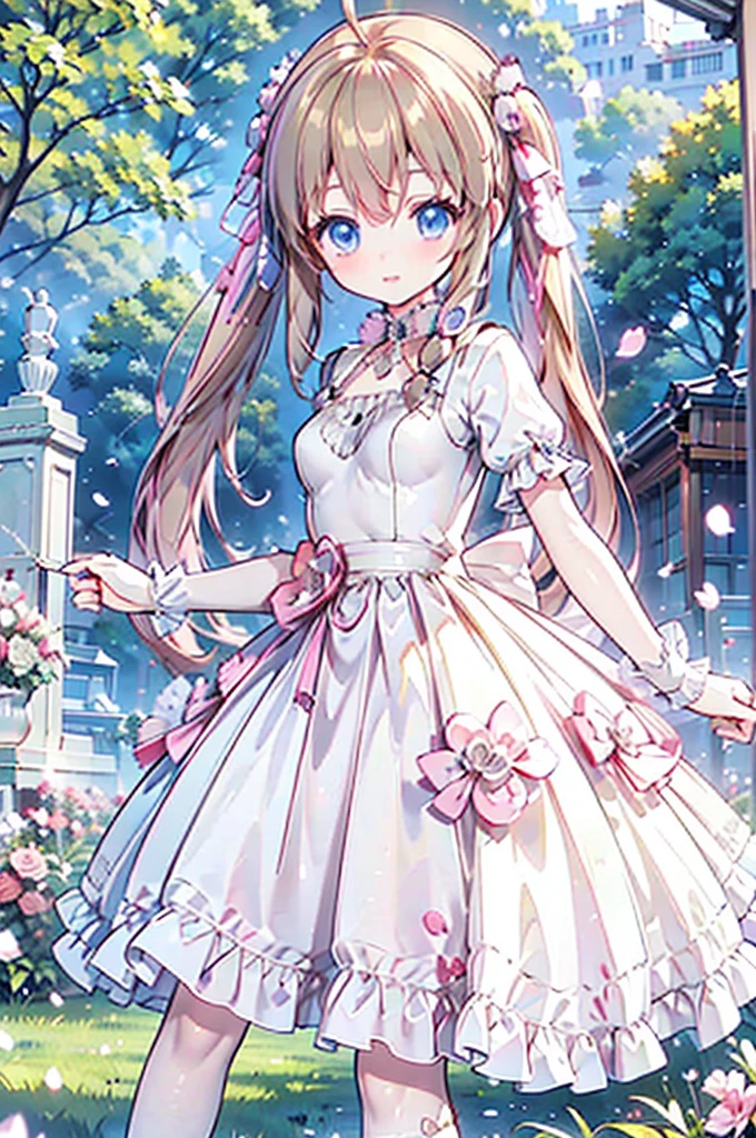Solo girl, brown twin tails, braid hairs, blue eyes, princess dress, posing, anime girl, focus on hair, natural, jungles, spring, rock