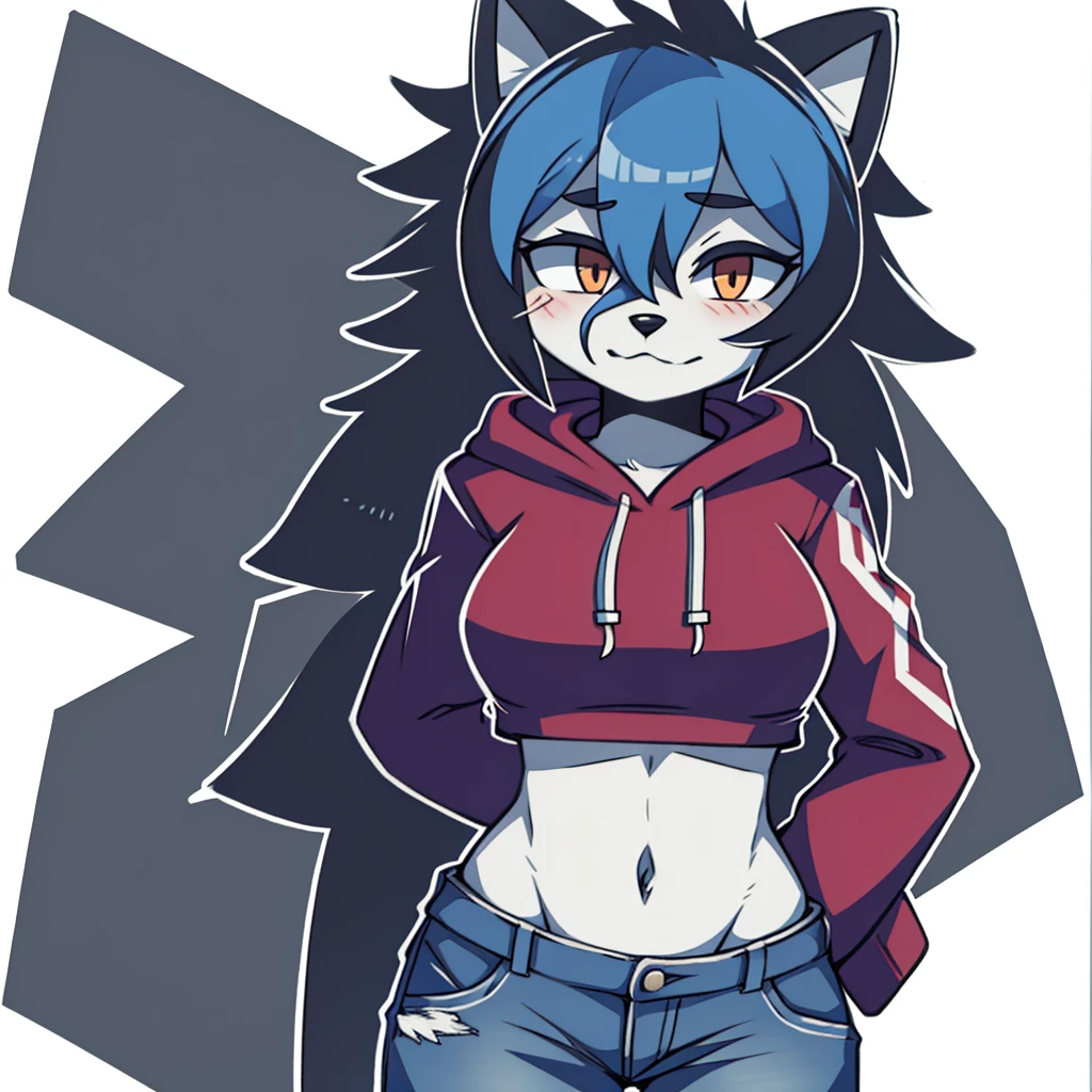 girl, raccoon, furry, breasts, fur, blue hair, hair on forehead, disheveled, red clothing, crop top, hoodie, pants, denim, six pack, solo.