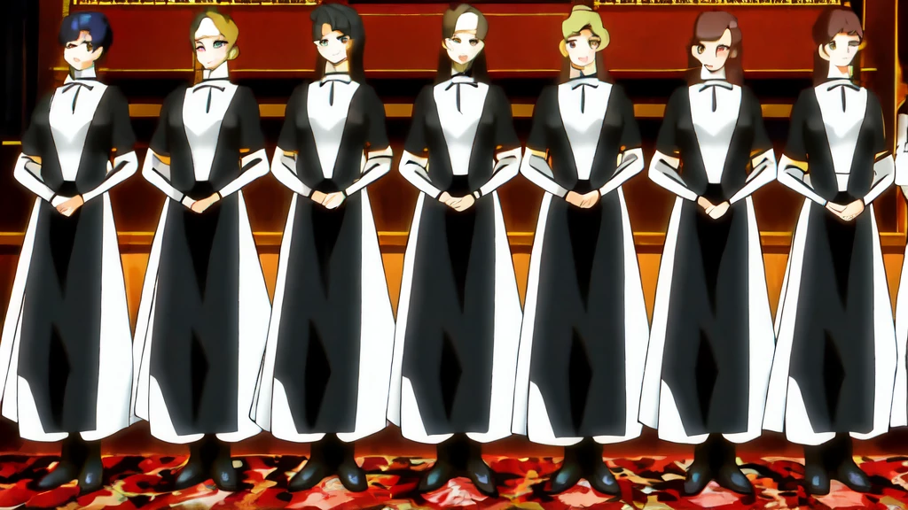 masterpiece, Highest quality, High resolution, 10+girl, crowd, Identical twin sisters, clone, An orderly line of sisters, An orderly line of sisters, Sisters in a row, uniform, Matching outfits, Long Hair, Curly Hair, ponytail, Matching hairstyle, Hazel Eyes, Brown Hair, Black tie, Blue Ribbon, Brown Skirt, salute, smile, indoor, Group shot, whole body, ????? shot, Black high heels