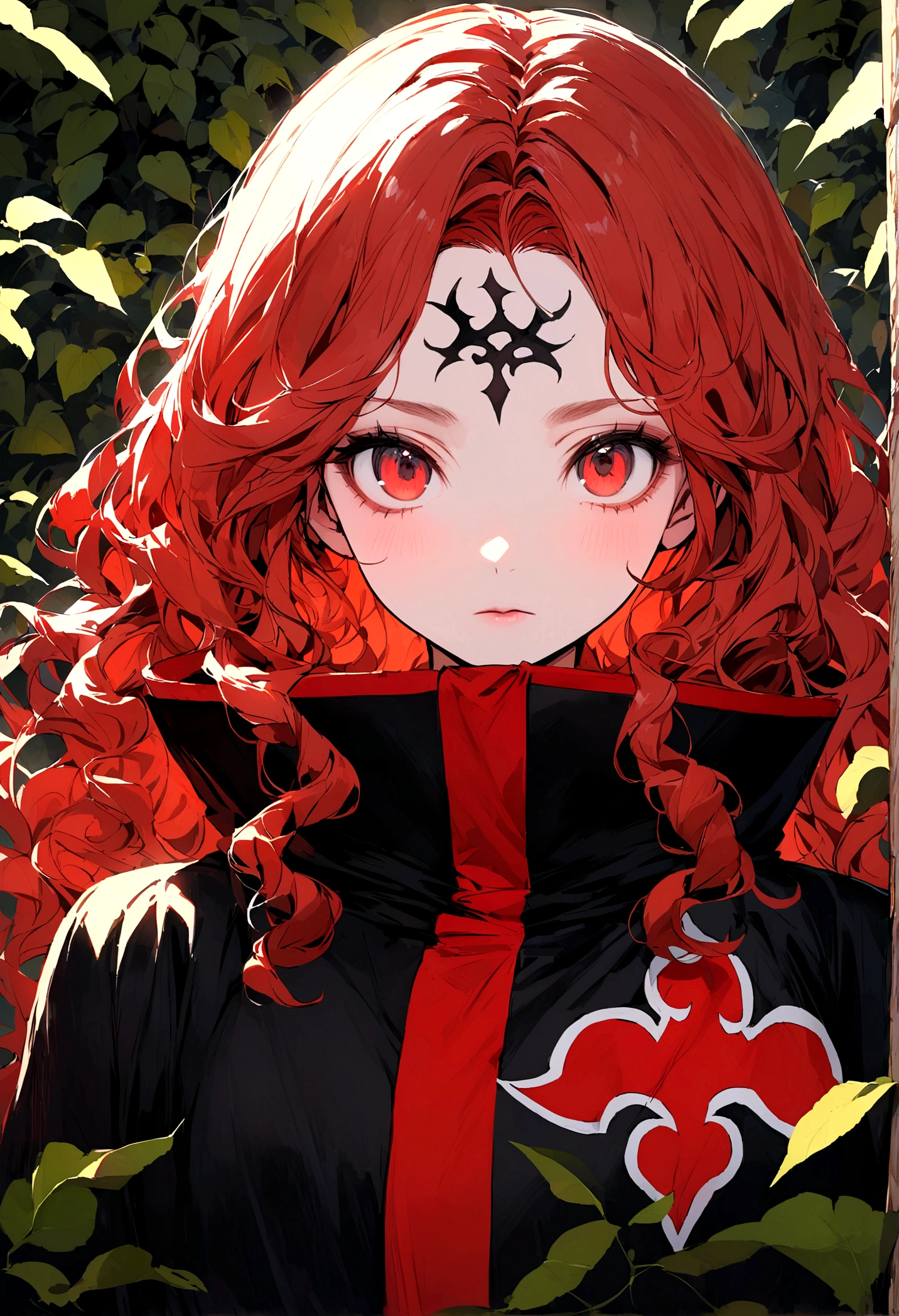 Redhead girl with wavy hair, visiting akatsuki outfit, with the sharingan in both eyes, On his forehead he wears a bandala from the village among the leaves, she is facing the front looking at the camera