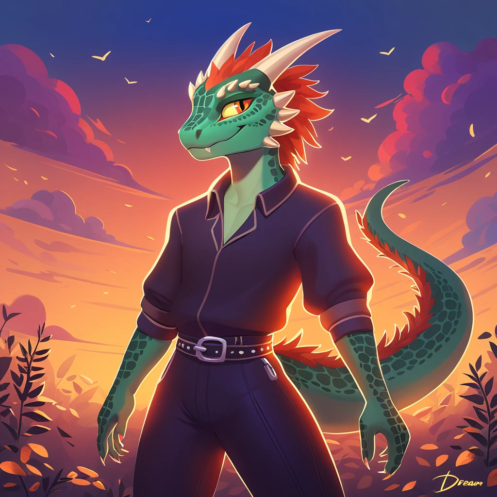 super fluffy argonian in dreamworks art style, evening background