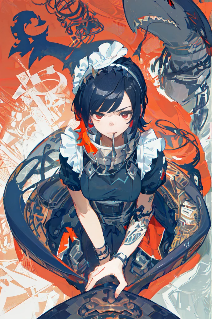 (Chibi character、Zenless Zone Zero、Ultra HD、Very detailed、Highest quality、masterpiece、whole body、Wide angle、Flawless body shaping、pretty girl、、Detailed face、Solid poster design、Character introduction page、Cool pose、Top view、Maid clothes、Argyle black tights、Shark tooth motif accessories、Black Hair+Red inner color、Short Bob、The hair at the back is flipped outward、The right side of the hair is tucked behind the ear, revealing the inner hair.、Steampunk style giant scissors、Base color is black、The main color is red、Accent color is fluorescent green):2.0、(Swing down、Close Combat Stance、Excessive number of Iron Tusk objects、Excessive amount of glitter effects、Countless scattered objects and accessories、Pop design with a shark and steampunk theme、Colorful color scheme):1.5、