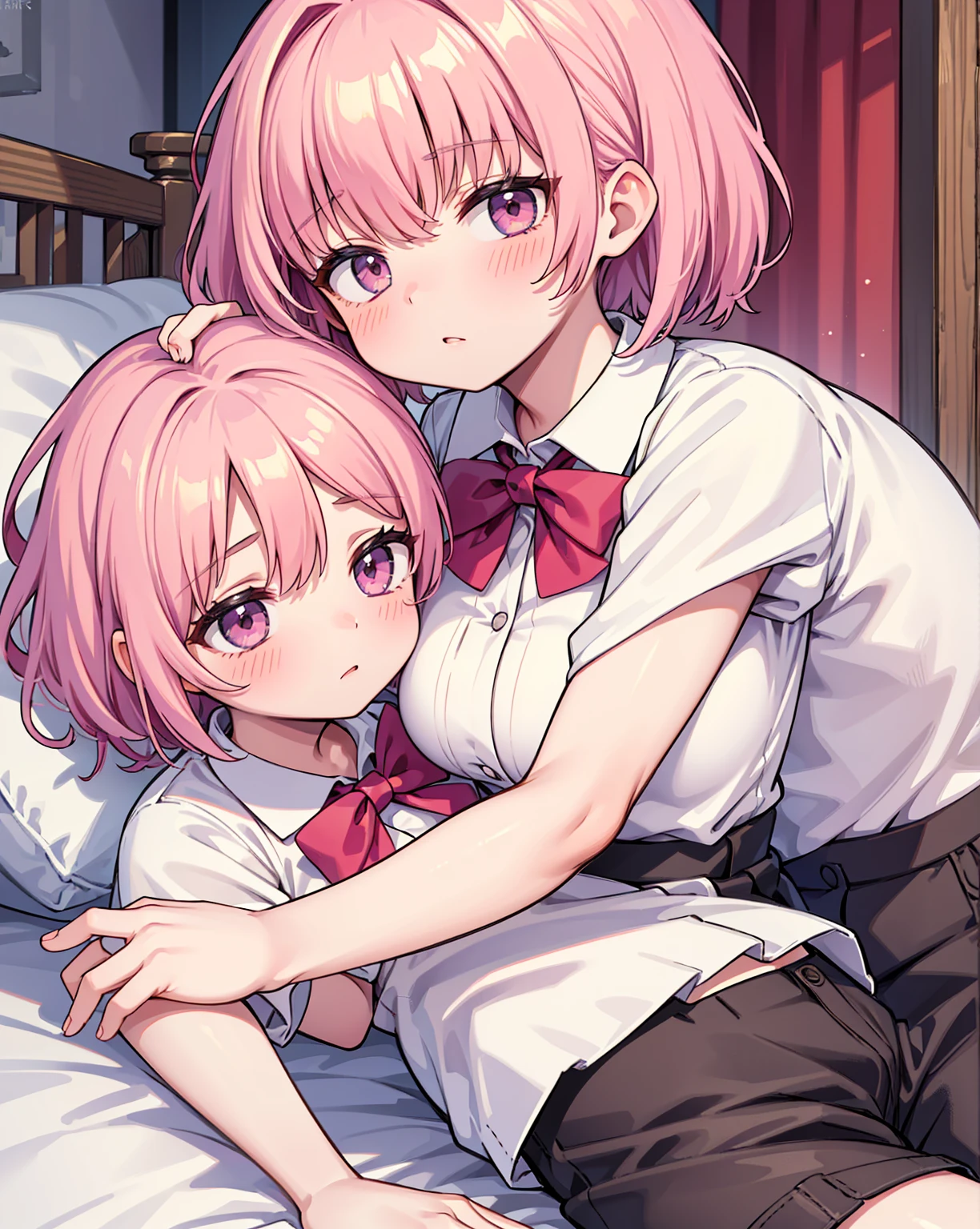 masterpiece, Highest quality, so beautiful, absurdists,High resolution,One girl, One boy,Cuddling in bed, like,sexly,Look at each one, blush,Age difference,bow tie,blondes,chest,Long Hair,Pink Hair,Tucked in shirt,short hair,skirt,Tent shirt,Slut,Big breasted sister and brother,Siblings,Trousers with bulging crotch,Pushing her big tits against her brother,My brother's penis erect in his trousers,My brother's small erect penis