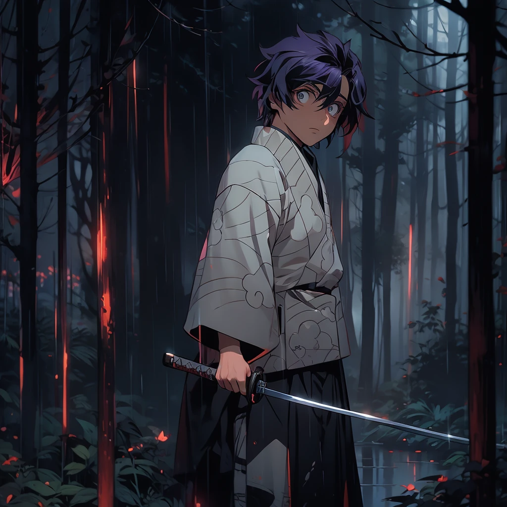 Animated scene featuring a young male character standing in a dark, rainy forest. The character has fair skin, large expressive purple eyes, and short, spiky red hair with black tips. He is wearing a light blue kimono with cloud patterns, which appears to be dirty and torn, indicating a recent struggle. The character holds a katana in his right hand, with a determined and serious expression on his face. The background is filled with tall, dark trees, and the rain adds a somber and intense atmosphere to the scene.