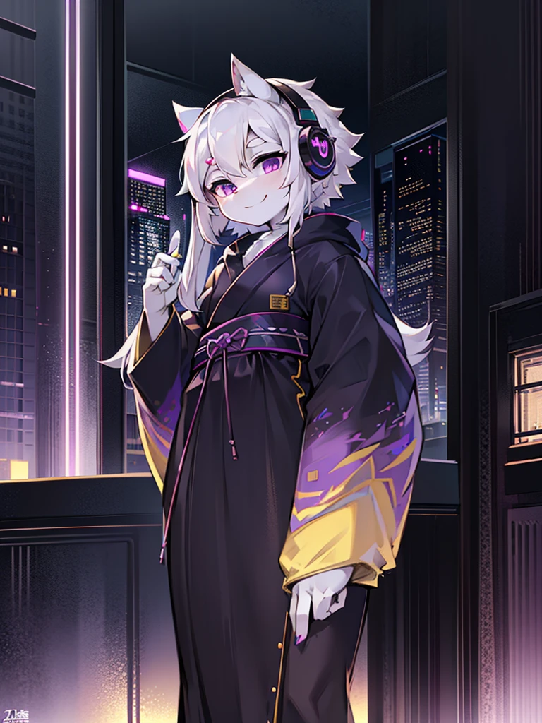 One, kimono, a femboy, White hair, purple eyes,  wear a white sweatshirt, wear a black skirt, wearing black headphones, smile, look into the camera, stand on a tall building, Cyberpunk city background, night time, high detail, standing in an apartment with white furniture, in a yellow sweatshirt, with white headphones, in a white apartment