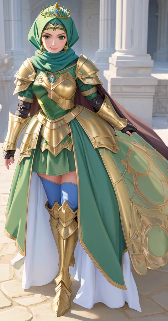masterpiece, best quality:1.2), 1girl, smile, looking at viewer, green eyes, short brown hair, princess, armor, blue hijab headscarf, pauldrons, armored dress, green cloak cape, wearing puffy blue ballgown skirt, golden tiara with green gem, armored boots, fingerless gloves, standing in front of desert castle