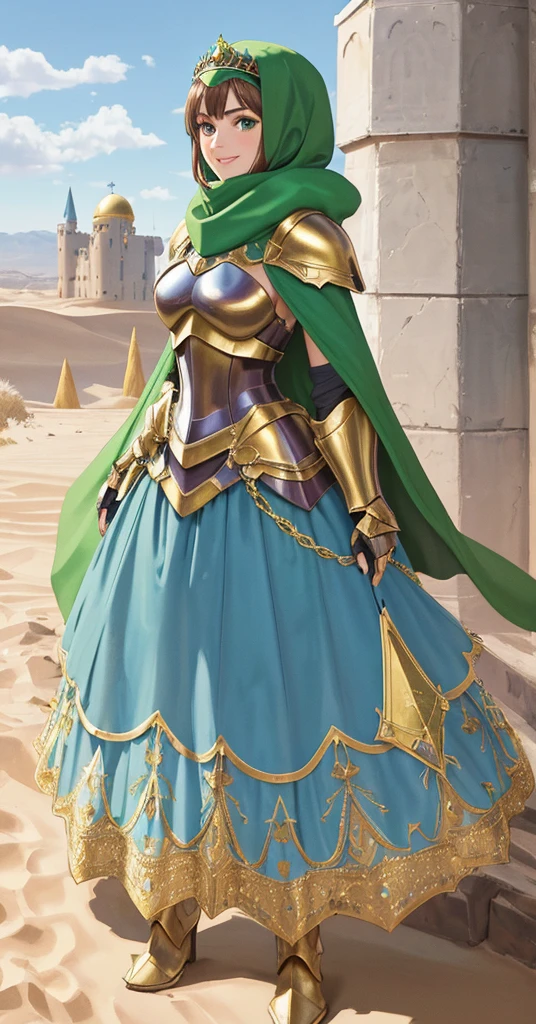 masterpiece, best quality:1.2), 1girl, smile, looking at viewer, green eyes, short brown hair, princess, armor, blue hijab headscarf, pauldrons, armored dress, green cloak cape, wearing puffy blue ballgown skirt, golden tiara with green gem, armored boots, fingerless gloves, standing in front of desert castle