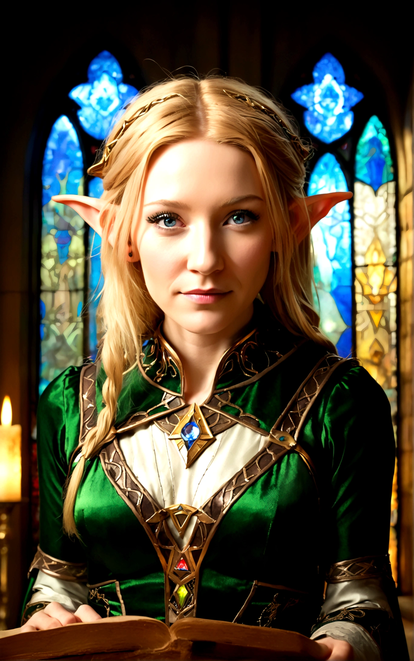 high quality portrait of Cate Blanchett, 25 years old, elf ears, wearing Twilight princess Zelda costume, heroic pose, lavish room with stained glass, extremely detailed face and eyes, intricate costume details, dramatic lighting, photorealistic, vibrant colors, cinematic, fantasy, award-winning digital art
