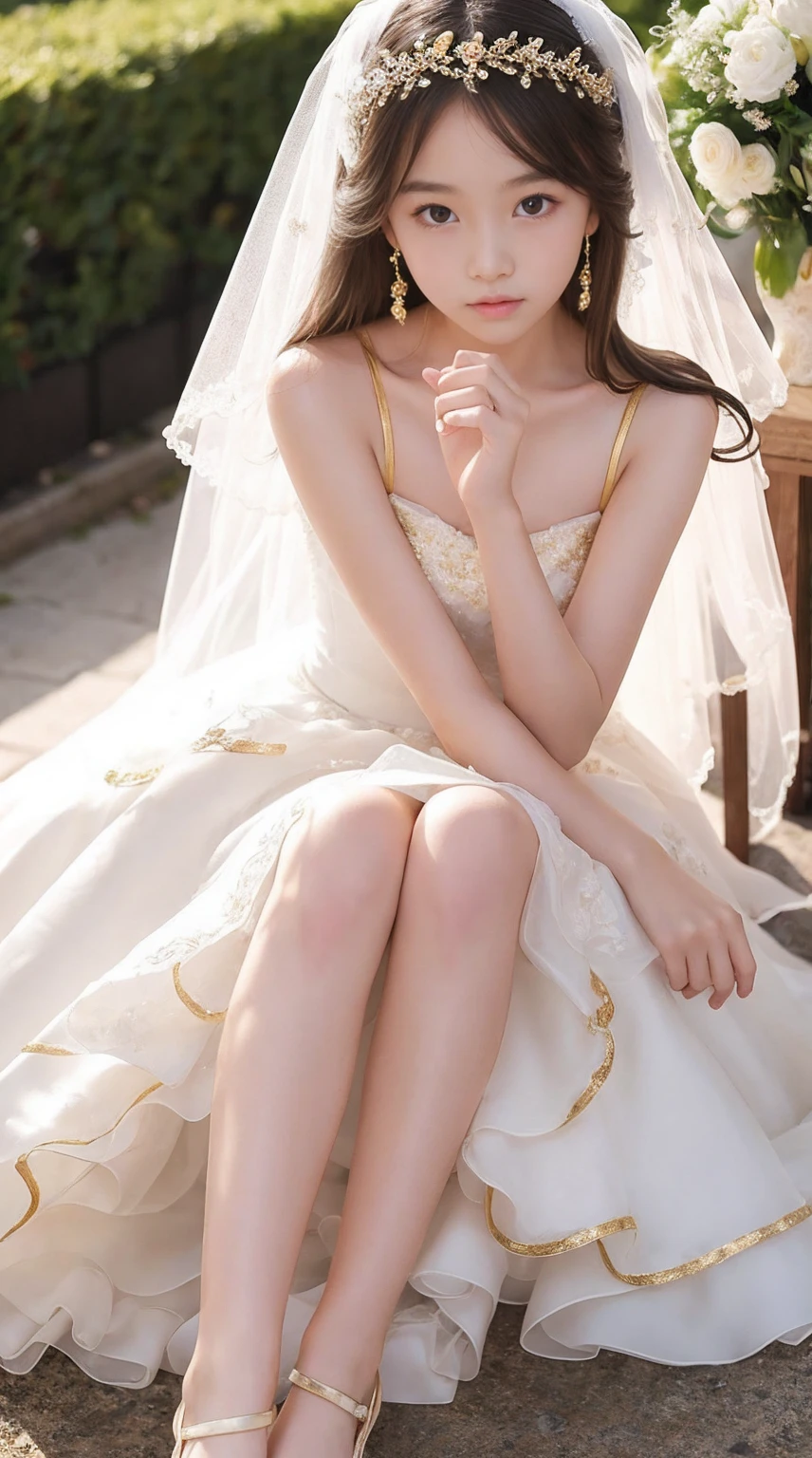 Very cute face、14 years old、Girl、Fluffy long hair、Beautiful legs、Beautiful body、Thin legs、White skin、white and gold wedding dress、