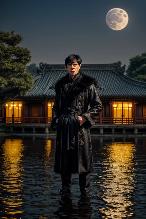 Masterpiece, Best Quality, exterior, evening, full moon, Beside the lake, Branch offices, 1 man, mature man, Chinese style, Ancient China, black fur, black eyes, forked fur, wide, long bangs, elegant, elegant, masculine, gentle, high, calm, Black and gold mixed clothing, golden pattern, dragon pattern, Prince,