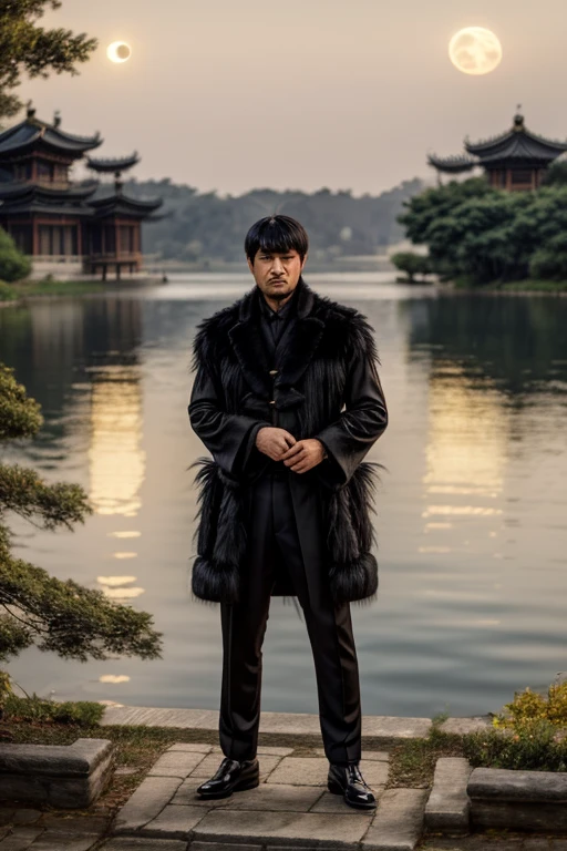 Masterpiece, Best Quality, exterior, evening, full moon, Beside the lake, Branch offices, 1 man, mature man, Chinese style, Ancient China, black fur, black eyes, forked fur, wide, long bangs, elegant, elegant, masculine, gentle, high, calm, Black and gold mixed clothing, golden pattern, dragon pattern, Prince,