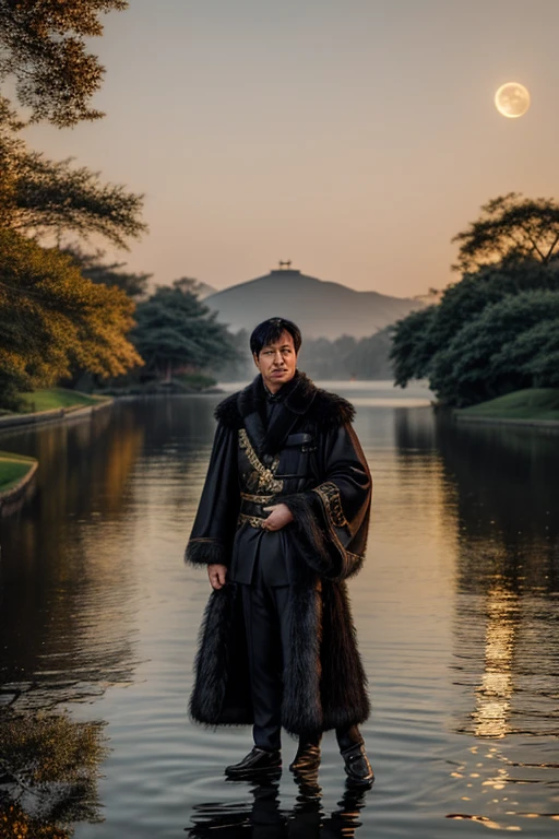 Masterpiece, Best Quality, exterior, evening, full moon, Beside the lake, Branch offices, 1 man, mature man, Chinese style, Ancient China, black fur, black eyes, forked fur, wide, long bangs, elegant, elegant, masculine, gentle, high, calm, Black and gold mixed clothing, golden pattern, dragon pattern, Prince,