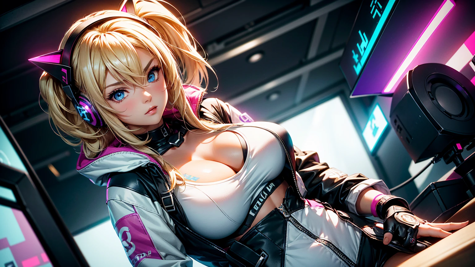 Create a high-quality, detailed image of a beautiful blonde gamer girl leaning into the camera, with the photo taken from a front above angle. She has striking eyes and intricate tattoos. She is wearing large white gamer headphones and a skintight white top that emphasizes her medium breasts and cleavage. A hint of a pink bra is visible, adding a touch of color to her outfit. She is looking directly at the viewer with a captivating gaze.
Instead of a hoodie, she is wearing a stylish, form-fitting cropped jacket that complements her outfit. The scene is rendered with soft colors and cinematic lighting, enhancing her perfect anatomy and round breasts. The setting is well-organized and neat, reflecting her attention to detail and gaming prowess. The overall composition highlights her perfect proportions, creating an alluring and engaging image that captures her as a gamer girl ready for action.