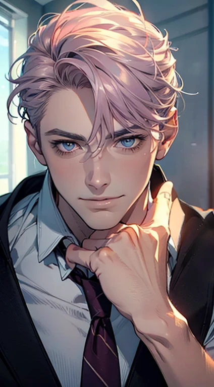 (Highest quality,4K,8K,High resolution,masterpiece:1.2),Super detailed,(Realistic,photoRealistic,photo-Realistic:1.37),1 person,31 years old,Mature Men,Beautiful skin、very handsome,Expressionless,smile,Short gray pink hair,blue eyes,Sharp Eyes,A perfect face without a doubt,Businessman,Office Background,Cinema Lighting,HDR image,tie、