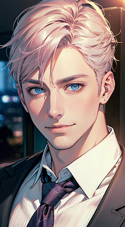 (Highest quality,4K,8K,High resolution,masterpiece:1.2),Super detailed,(Realistic,photoRealistic,photo-Realistic:1.37),1 person,31 years old,Mature Men,Beautiful skin、very handsome,Expressionless,smile,Short gray pink hair,blue eyes,Sharp Eyes,A perfect face without a doubt,Businessman,Office Background,Cinema Lighting,HDR image,tie、