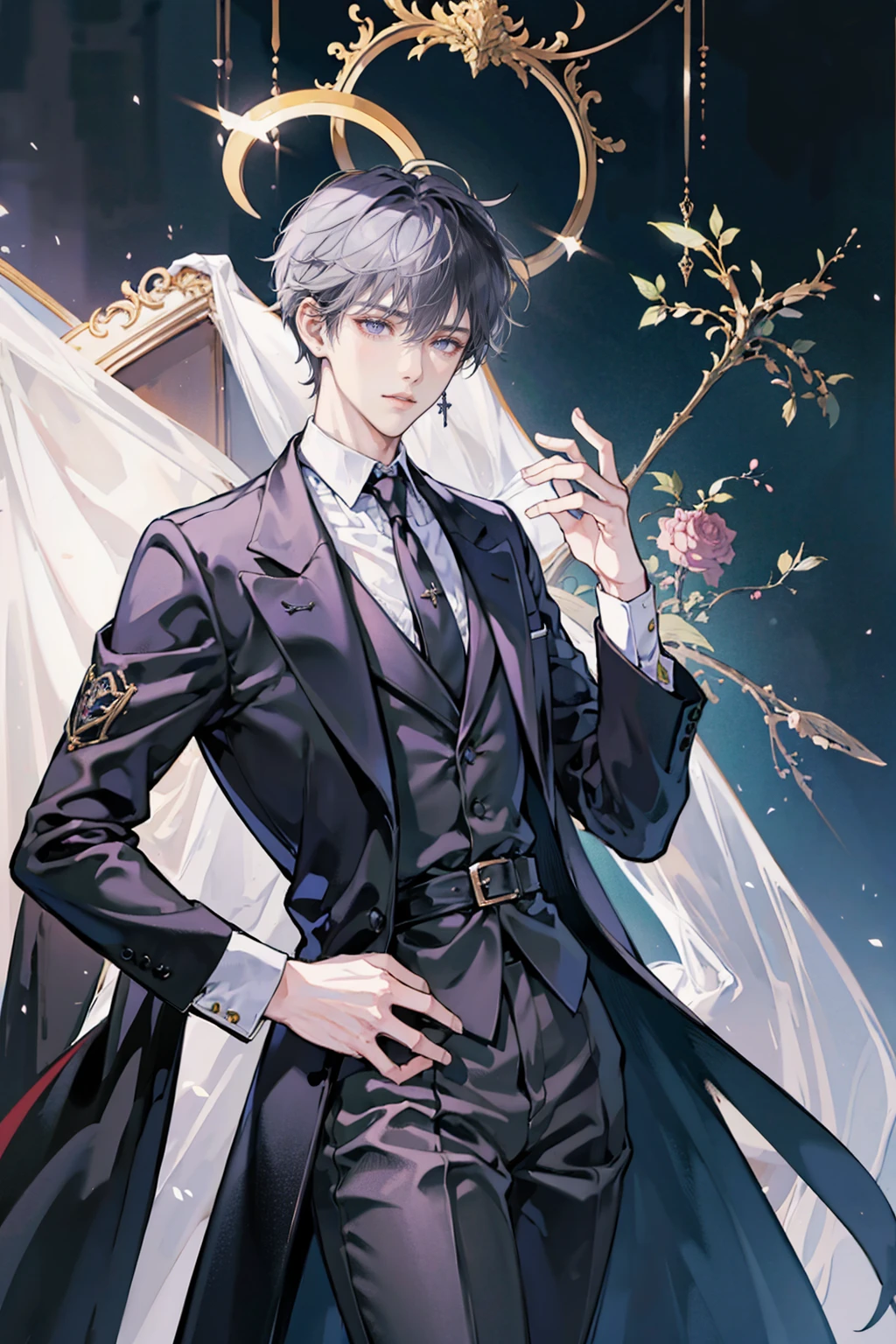 anime - (masterpiece), best quality, seductive eyes, perfect face, handsome man, delicate androgynous prince, beautiful androgynous prince, wearing a black noble suit, purple eyes, middle part haircut, short length white hair, black coat, grey suit, black necktie, full body, long legs, anime cover, 1boy, cross ear rings, hands in pockets, solo, standing, FULL BODY VIEW 
