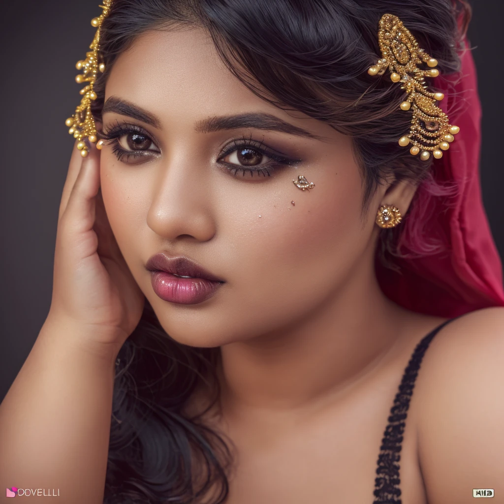 a chubby Tamil woman in lingerie, beautiful detailed eyes, beautiful detailed lips, extremely detailed face, long eyelashes, sensual expression, confident pose, dramatic lighting, cinematic composition, vivid colors, photorealistic, (best quality, 4k, 8k, highres, masterpiece:1.2), ultra-detailed, (realistic, photorealistic, photo-realistic:1.37), studio lighting, professional photography