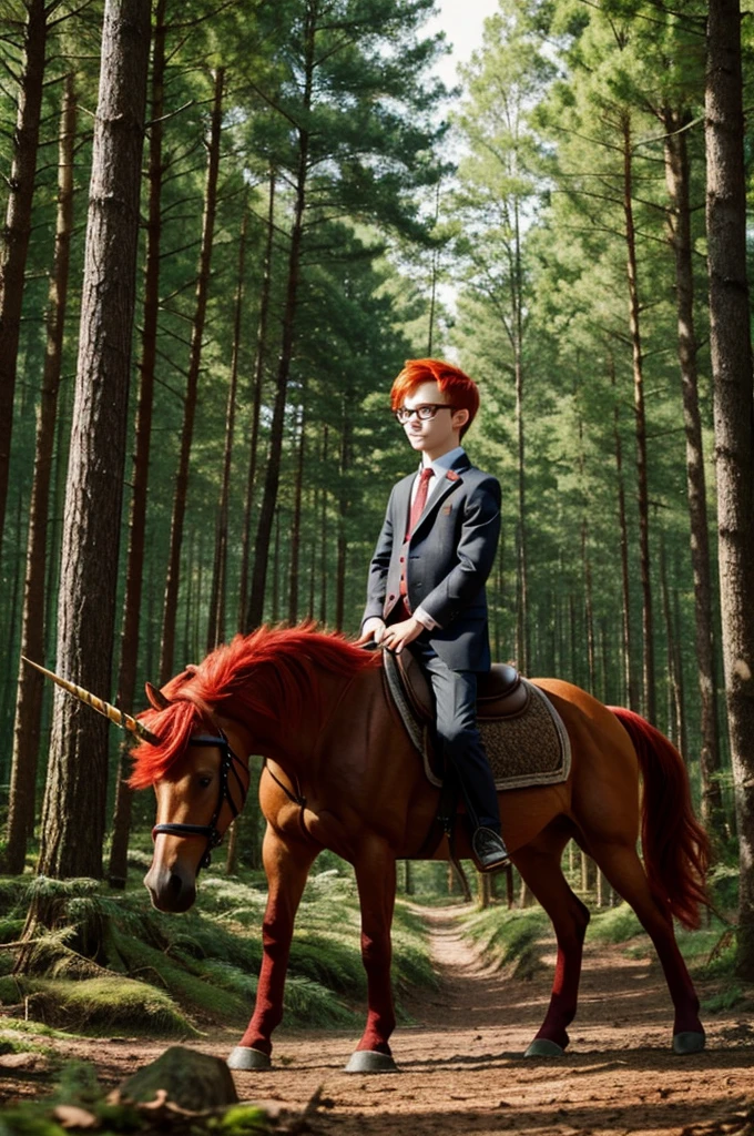 A forest with unicorns in the background A boy with red hair and glasses
