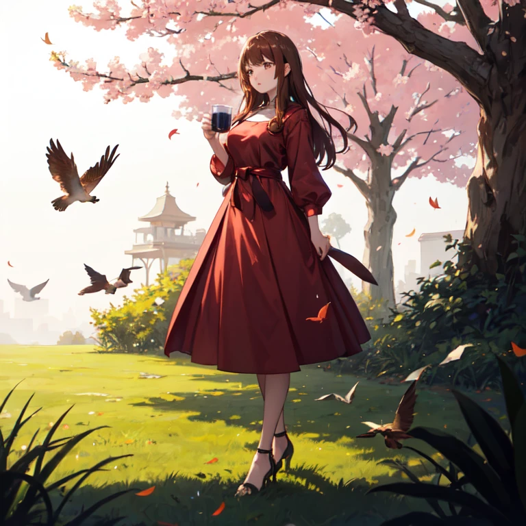 1 girl in long crimson dress, long brown hair, dark eyes, Drinking tea, under a big autumn tree, leather belts on his waist, height 1.89 cm, white paper birds around you(origami), whole body, witch, sitting in a white high chair, barefoot