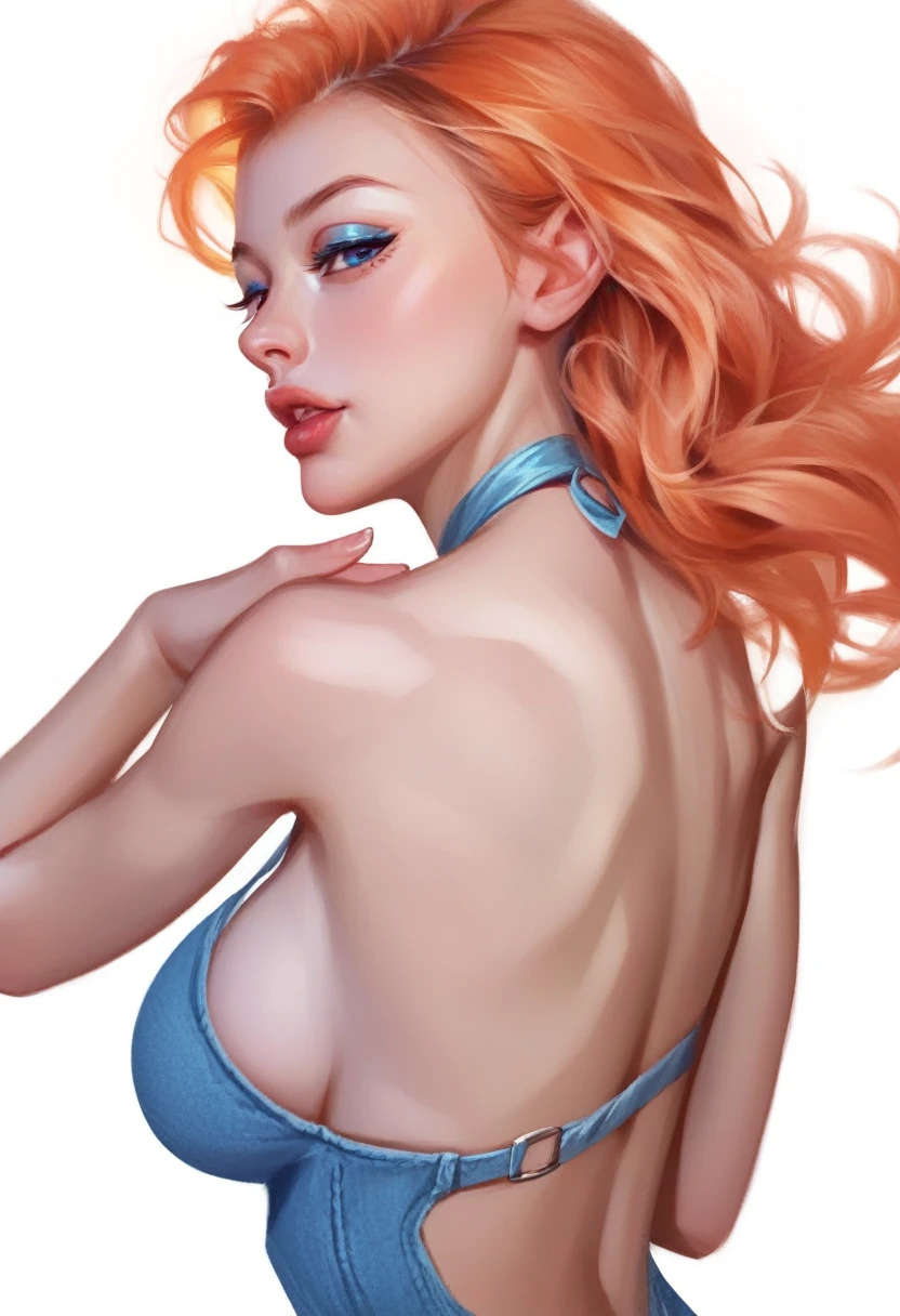 fuzzy, traditional art, Liu2, brush texture, check_9, check_8_up, check_7_up, 1 girl, orange hair, up to the shoulder blades, straight hair, long hair, Blue eyes, Plump lips, Long eyelashes, half-closed eyes, adult, beautiful make-up, big breasts, blue eyeshadow, Looking at the viewer, BREAK solo, standing, adult, skinny, high leg, arched back, hip gap, BREAK (White background:1.2), simple background, dynamic pose, dynamic angle, Corner shot, casual wear, Beautiful anatomy, perfect hands, High-quality fingers, good hands, high detail, detailed art