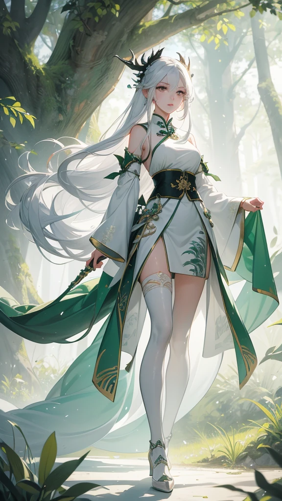 work of art, best qualityer, ultra epic details, long white hair, white eyelashes , gray eyes, greatsword, surrounded by a large and long green Chinese mythological dragon, white stockings, white outfit, forest in the background