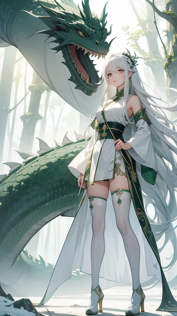 work of art, best qualityer, ultra epic details, long white hair, white eyelashes , gray eyes, greatsword, surrounded by a large and long green Chinese mythological dragon, white stockings, white outfit, forest in the background