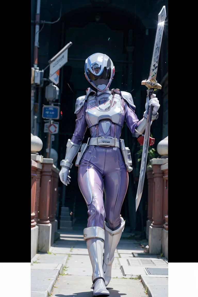 1girl, white costume, full body, Illustration, cinematic light, high resolution, best quality, ultra detailed, masterpiece, power suit, powerranger, suit, spd, (silver royal guard ranger suit), gold detail, holding sword,