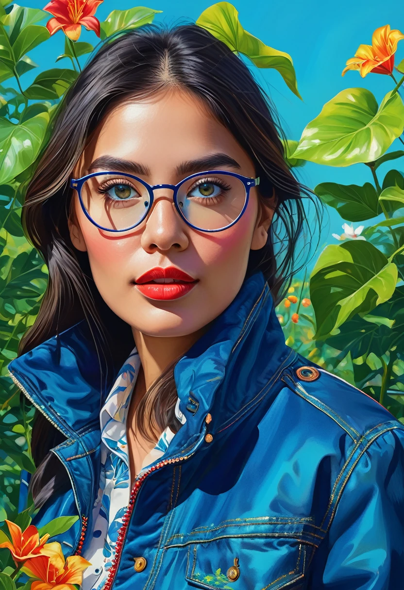 (best quality, 4k, high resolution, Artwork: 1.2), ultra-detailed, realistic, portrait, intelligent and confident, Lilly Krug, Blue jacket, detailed eyes, detailed lips, intelligent, wearing glasses, in fashion, with clothing of a native from Iquitos in the country of Peru, standing in a vibrant garden, beautiful flowers blooming, colorful, soft lighting, leaves blowing in the breeze, serene atmosphere, creativity, harmony, positive energy, feeling of tranquility, happiness, artistic style, tones of blue and green, fine brush strokes, meticulous attention to detail, professional illustration, exquisite interpretation, vivid cores, perfect view, perfectly balanced composition, hypnotizing painting effects, inspiring work of art.
