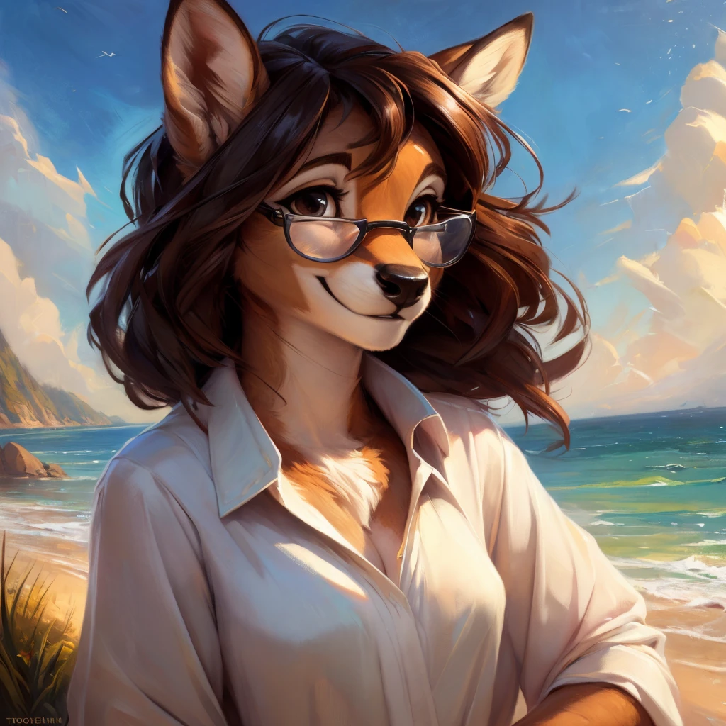 uploaded on e621, by Pixelsketcher, by Bayard Wu, by Thomas Benjamin Kennington , by Einshelm, by hioshiru and kenket, Chunie, portrait, solo anthro female deer doe, with small featureless breasts, clear dark blue, cinematic lighting, day, sunny day, beach, stays in the sea, sea background, mediterranean background, horizon background, shiny, short curly dark brown hair, wears big black nerd glasses, very very beautiful furry art, furry art, smiling, joyful, shiny, happy, feminine, cute face, muzzle, fluffy chest, flawless face, Fallow deer, 1girl, Sakimichan is beautiful, Masterpiece, Wavethesallow Face, shiny, Detailed image, portrait, Detailed image, portrait, full body, wearing wide, long, white blouse, shiny, realistic face, perfect anatomy, hourglass body, (furry body:1.1), anthropomorphic deer, small fluffy tail, detailed background, (cute anatomy:1.1), windy, smiling, very happy, happy