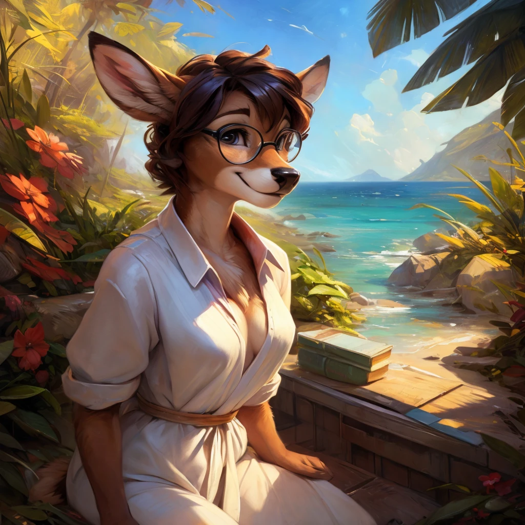 uploaded on e621, by Pixelsketcher, by Bayard Wu, by Thomas Benjamin Kennington , by Einshelm, by hioshiru and kenket, Chunie, portrait, solo anthro female deer doe, with small featureless breasts, clear dark blue, cinematic lighting, day, sunny day, beach, stays in the sea, sea background, mediterranean background, horizon background, shiny, short curly dark brown hair, wears big black nerd glasses, very very beautiful furry art, furry art, smiling, joyful, shiny, happy, feminine, cute face, muzzle, fluffy chest, flawless face, Fallow deer, 1girl, Sakimichan is beautiful, Masterpiece, Wavethesallow Face, shiny, Detailed image, portrait, Detailed image, portrait, full body, wearing wide, long, white blouse, shiny, realistic face, perfect anatomy, hourglass body, (furry body:1.1), anthropomorphic deer, small fluffy tail, detailed background, (cute anatomy:1.1), windy, smiling, very happy, happy
