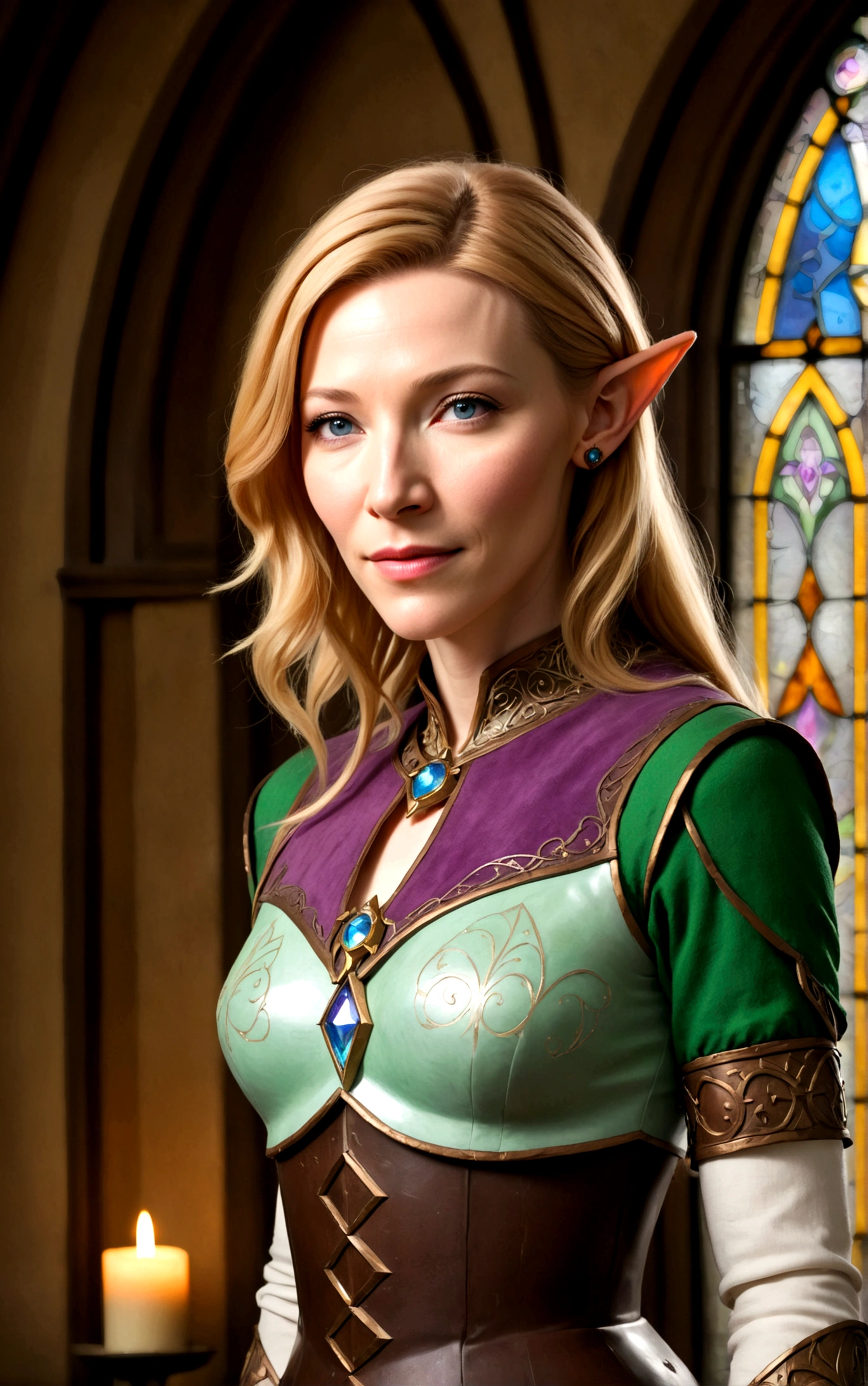 high quality portrait of Cate Blanchett, 25 years old, elf ears, wearing Twilight princess Zelda costume, heroic pose, lavish room with stained glass, extremely detailed face and eyes, intricate costume details, dramatic lighting, photorealistic, vibrant colors, cinematic, fantasy, award-winning digital art