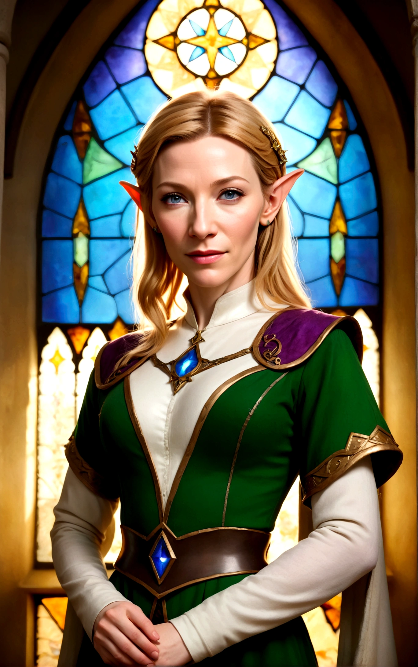 high quality portrait of Cate Blanchett, 25 years old, elf ears, wearing Twilight princess Zelda costume, heroic pose, lavish room with stained glass, extremely detailed face and eyes, intricate costume details, dramatic lighting, photorealistic, vibrant colors, cinematic, fantasy, award-winning digital art
