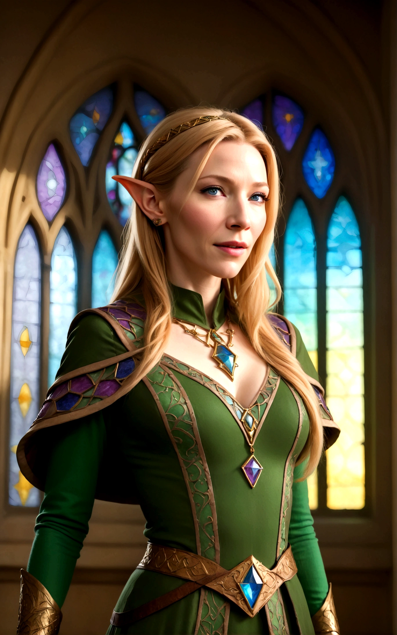 high quality portrait of Cate Blanchett, 25 years old, elf ears, wearing Twilight princess Zelda costume, heroic pose, lavish room with stained glass, extremely detailed face and eyes, intricate costume details, dramatic lighting, photorealistic, vibrant colors, cinematic, fantasy, award-winning digital art