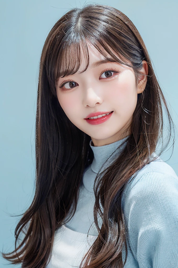 ((big laugh)), high-level image quality、20 year old Korean girl photo, raw, cute face, ((Portrait)),  (dull blue background:1.4), ((Detailed face:1.2)), ((A detailed face Characterized by fine skin), pale skin, , (cold color), moist, moist, reflector stay piece) (perfectly proportions)(photos realistic)(Best Quality) photographed in a Canon EOS R5, 50mm Lens,(8K), very long upper eyelashes、Very long lower eyelashes、Detailed lashes、Curled eyelashes、eyelash perm、Beautiful lashes, Glamorous makeup、Natural eyes、Oku Duplex、very beautiful eyelashes,