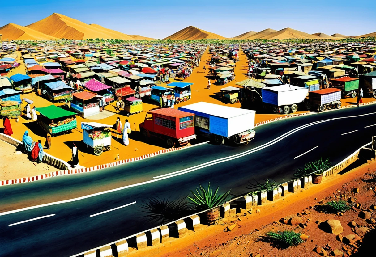 market,noon,Thriving city,Well-maintained roads,Arid regions