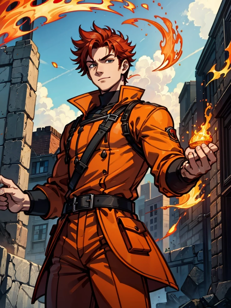 A young man,Red hair,flame,Cheerful,Sunlight,Orange clothes,brave,Fire Element,confidence,Standing,Ultra HD,Handsome,Mage