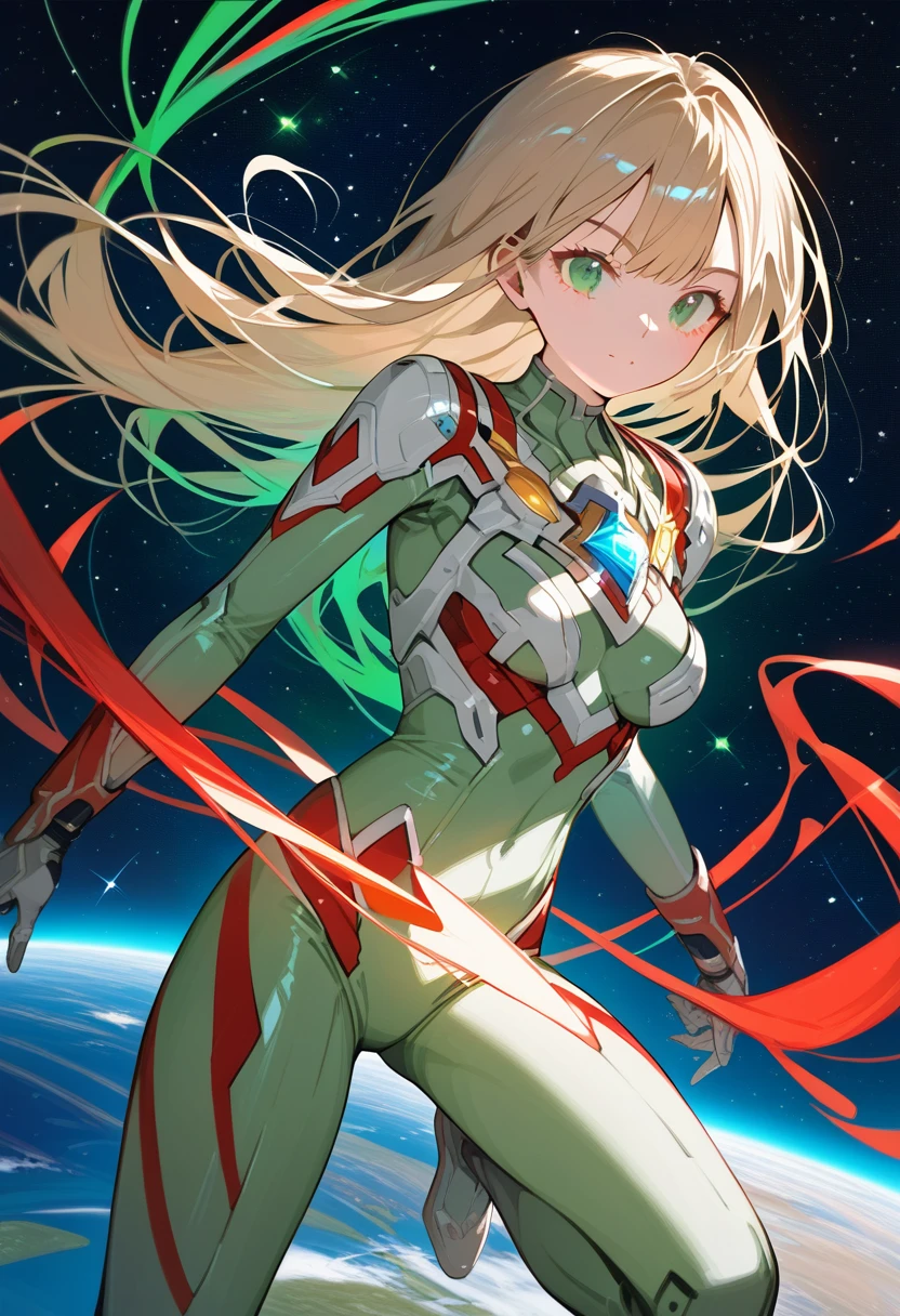 (best quality),female,Sala,original,blonde hair ,green eyes,silver bodysuit,red stripes,ultragirl,space background,ultra-detailed,sharp focus,aesthetic, score_9, score_8_up, score_7_up,source_anime,