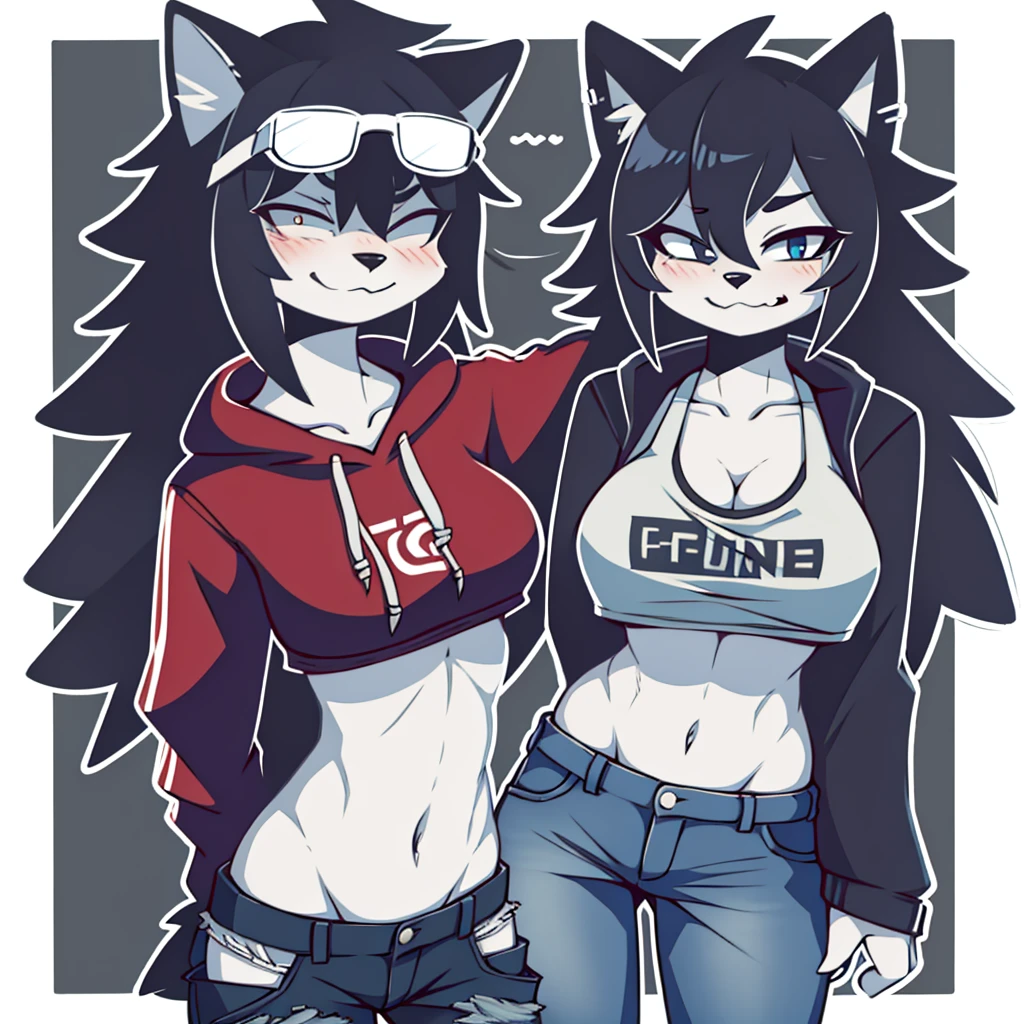 girl, raccoon, furry, breasts, fur, blue short hair, hair on forehead, disheveled, red clothing, crop top, hoodie, pants, denim, six pack, solo.