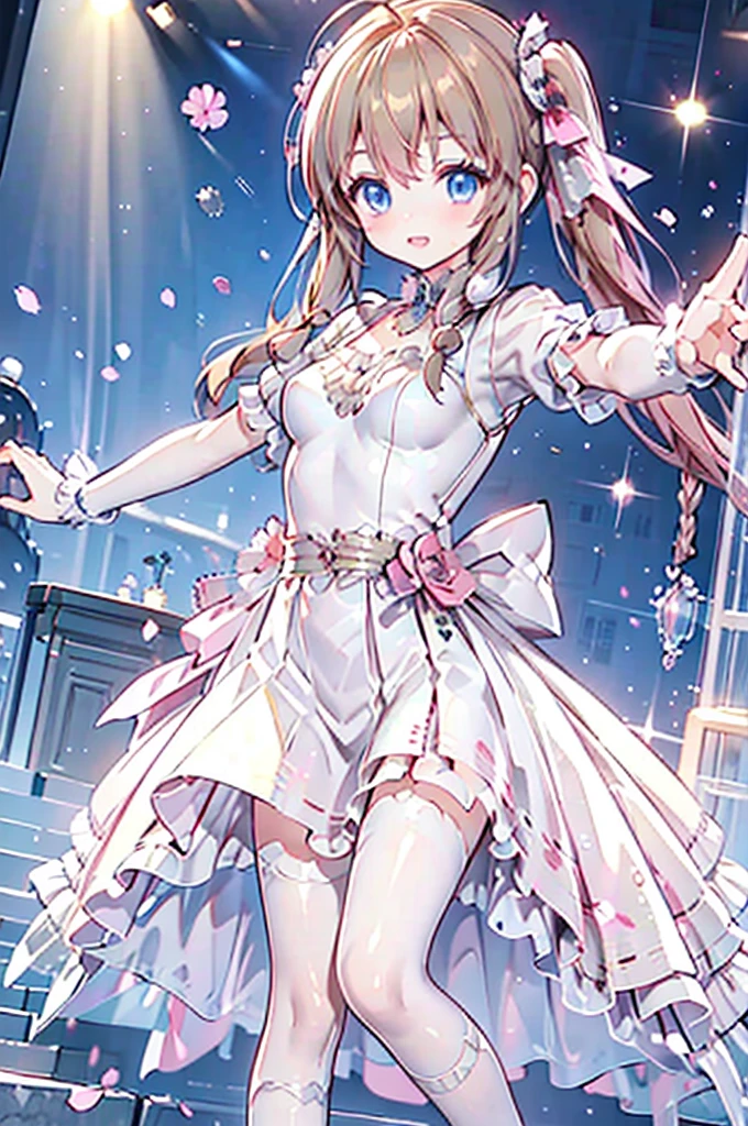 Solo girl, brown twin tails, braid hairs, blue eyes, princess dress, posing, anime girl, focus on hair, idol, dancing at the stage 