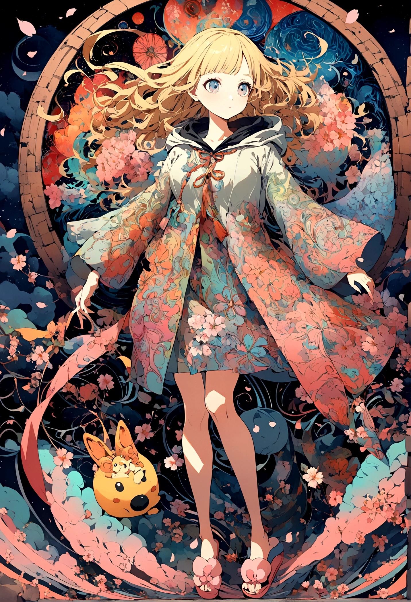 One girl,(blonde_hair:1.1),(zenTangle, Mandala, Tangle, enTangle:0.6),(Fractal Art),The most beautiful form of chaos,Brutalist Design, The most beautiful、A Harajuku-style hooded kimono with attention to detail, Cherry blossoms blowing in the wind, Charmed, beautiful, psychedelic, Atmospheric, universe ,Fuji Mountain، with slippers