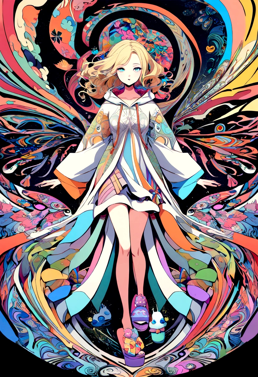 One girl,(blonde_hair:1.1),(zenTangle, Mandala, Tangle, enTangle:0.6),(Fractal Art),The most beautiful form of chaos,Brutalist Design, The most beautiful、A Harajuku-style hooded kimono with attention to detail, Cherry blossoms blowing in the wind, Charmed, beautiful, psychedelic, Atmospheric, universe ,Fuji Mountain، with slippers