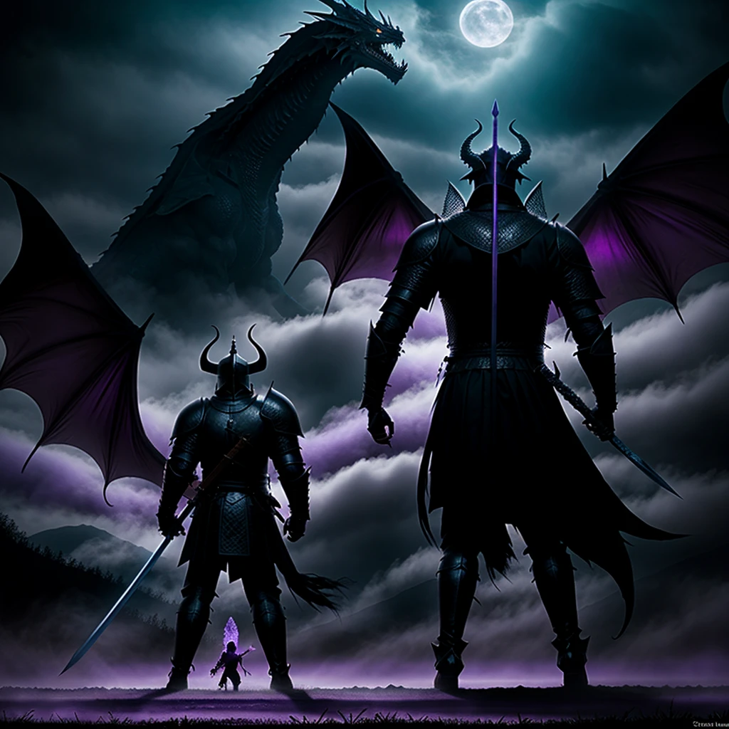 the dark silhouette of a knight with his back to him carrying a sword like a shadow, standing in front of a giant creature with black scales and beautiful purple eyes, the creature resembles a dragon, which surrounds him in a beautiful violet mist, like a movie from the 1970s.